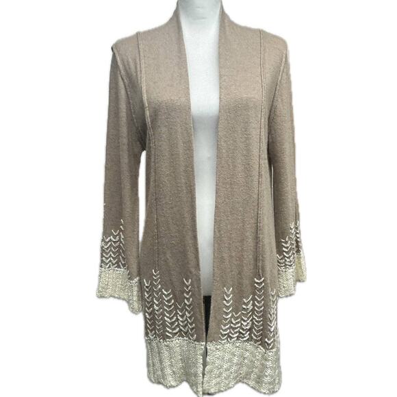 Irene's Story Open Front Cashmere Blend Embroidery Cardigan Women L Tan Cream - Picture 1 of 13